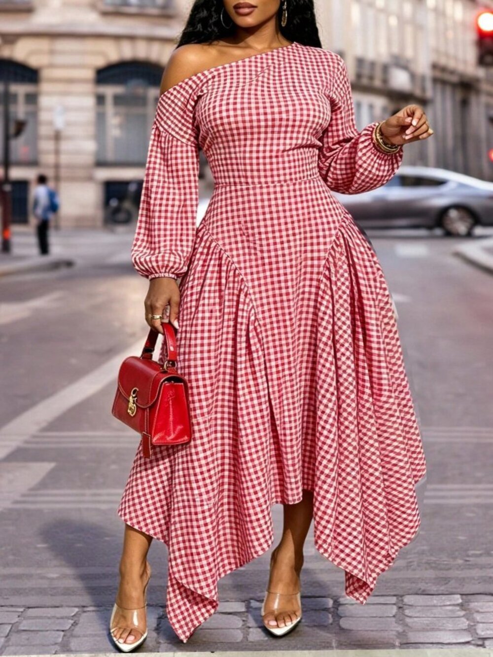 Multicolor Casual Women's Plus Size Plaid Asymmetrical Collar Dress - Picture 3 of 5
